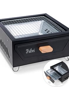 Churrasqueira portátil perfeita para uso em casa, no escritório ou em viagens. Equipamento de metal com design moderno e prático para armazenamento e transporte. Ideal para grelhados ao ar livre.