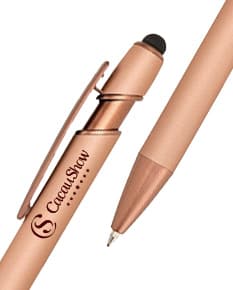 Caneta Metal Touch em tons de marrom e preto, ideal para escrita e desenho. O objeto possui um design elegante e luxuoso, sendo um instrumento de escrita indispensável para escritórios e escolas.