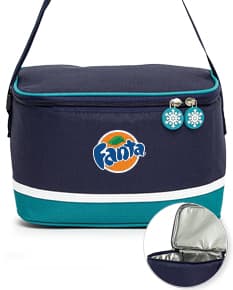 Bolsa térmica de 7 litros, feita de couro marrom com alça de metal e zíper. Possui design elegante e moderno, sendo ideal para compras e transporte de alimentos em estilo luxuoso.