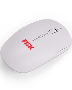 Mouse sem fio em tom de prata, com design moderno e compacto. Possui rodas de rolagem, botões de clique e conexão wireless. Reflete os conceitos de tecnologia, eletrônicos e negócios.