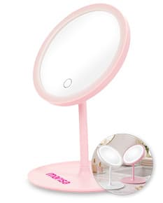Espelho de mesa plástico com LED em design moderno e elegante, com reflexão brilhante e cores vibrantes. Ideal para uso em casa ou em ambiente de trabalho, com botões de controle de luz e estilo clean.