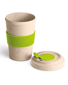 Copos para viagem de 450ml feitos de fibra de bambu. A imagem mostra um copo colorido em um design 3D com detalhes como fita, liquidos como chá, café e suco, sobremesas, frutas e pães. O copo é saudável, resistente, prático e ideal para levar bebidas quentes ou geladas em viagens.