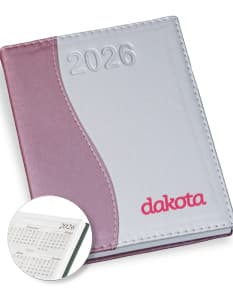 Agenda Diária 2025 com capa roxa e páginas em papel reciclado.