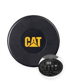 Puck de metal preto brilhante com símbolos de seta, círculos e botões, representando um Kit Cabo USB-C com 3 Adaptadores.