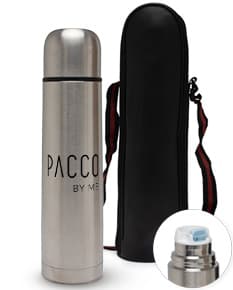 Garrafa térmica de 750ml em metal prateado, com tampa e design vertical. A garrafa está vazia e possui um rótulo preto.