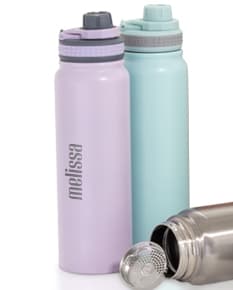 Garrafa térmica de aço inoxidável com infusor de 850ml, para bebidas quentes ou frias. A garrafa possui design metálico e brilhante, com tampa e válvula para controlar o fluxo de líquido. Ideal para uso na indústria, no campo ou em atividades ao ar livre.