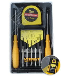 Kit de ferramentas de 8 peças em metal e plástico, incluindo chave de fenda, fita métrica, alicate e outros equipamentos de cor amarela e preta. Uso ideal para trabalhos domésticos, reparos e construções.