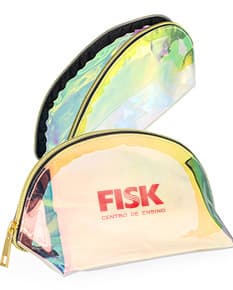 Necessaire de plástico holográfico em formato retangular, com zíper prateado e alça de mão.