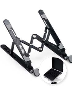 Suporte retrátil para notebook em metal prateado, design industrial e tecnológico. Inclui suporte, assento, Equipamento eletrônico e dispositivo de comunicação.